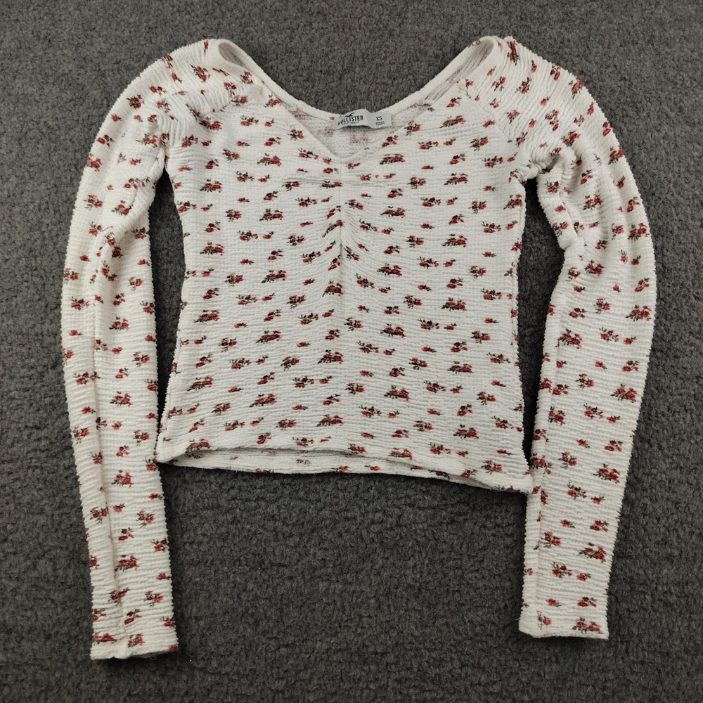 Hollister XS Floral Waffle Knit Ruched V-Neck Crop Top Long Sleeve Stretch Crop